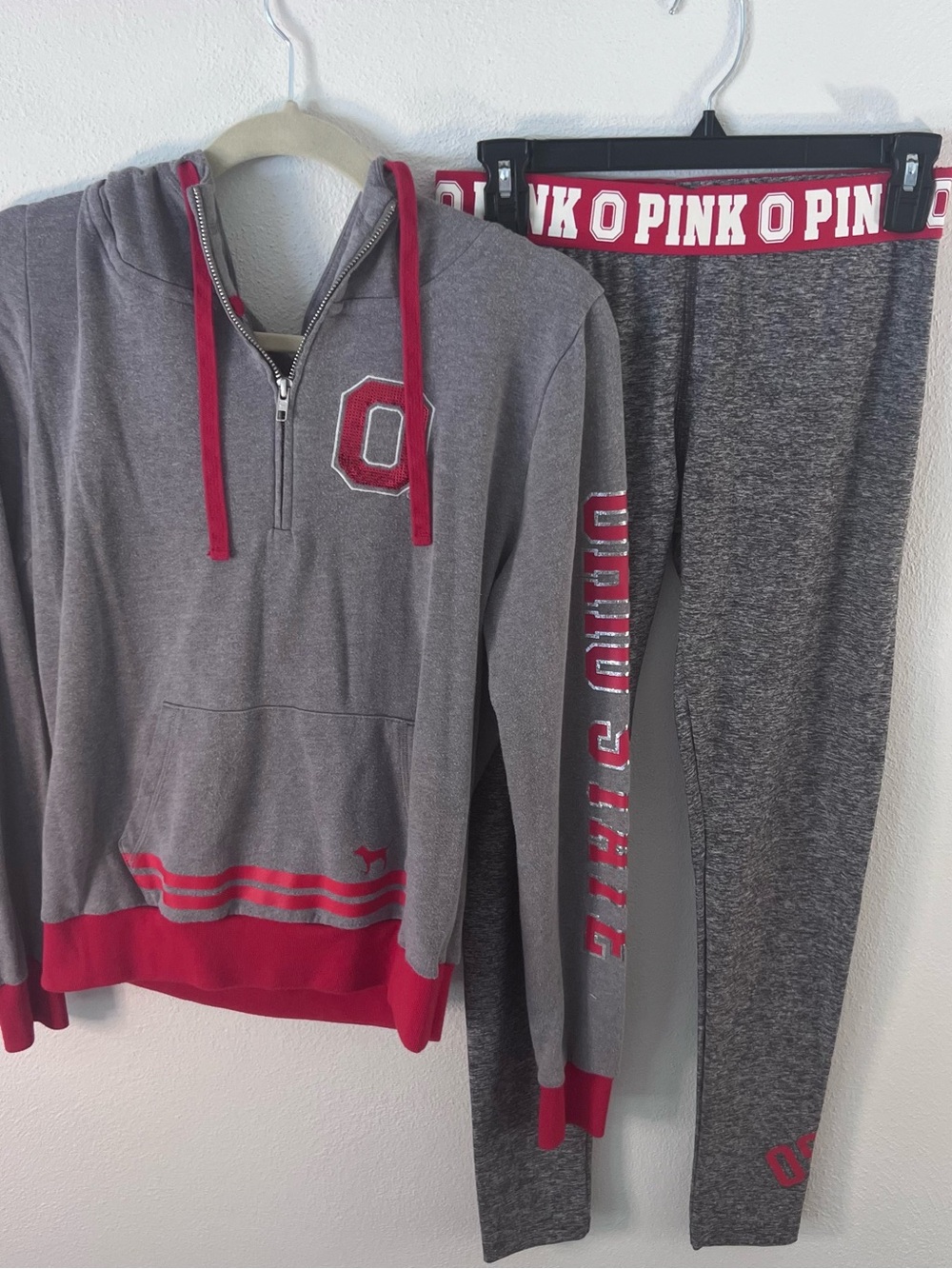 PINK Victoria's Secret Ohio State Grey Hoodie and Leggings Set with Red Trim